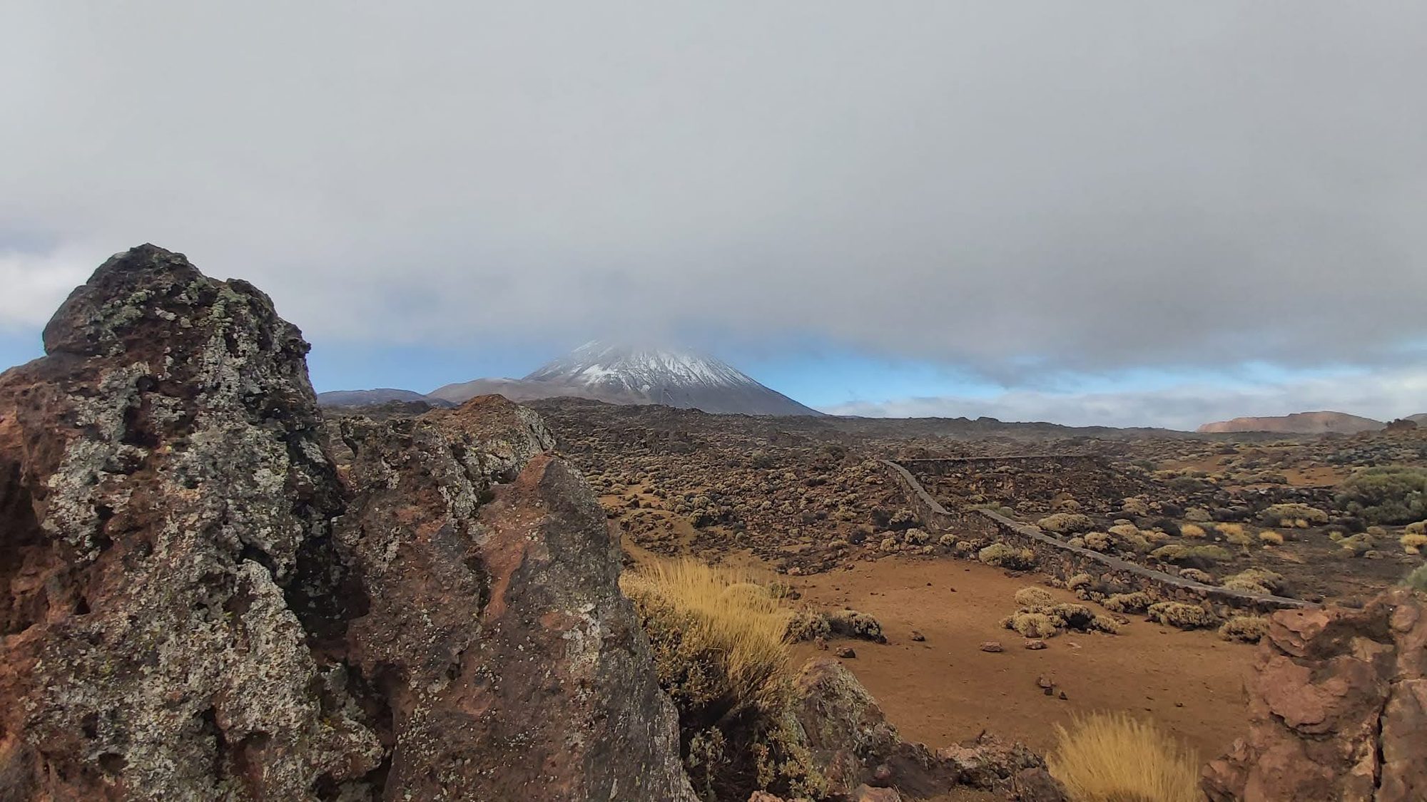 Paisaje volcánico con rocas en primer plano y el Teide nevado al fondo entre nubes.